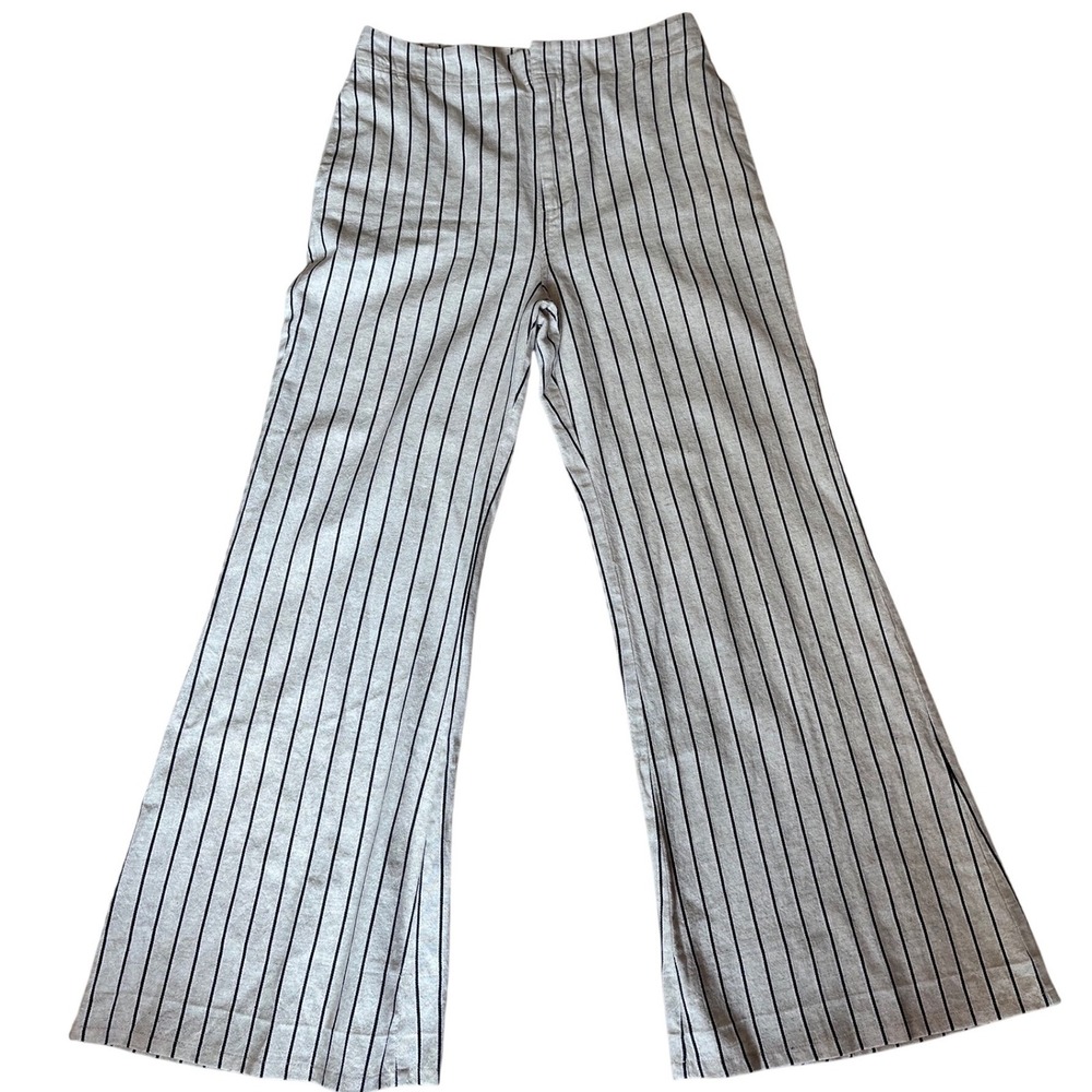 Free People Pinstripe Wide Leg Flare Pants Cotton Linen Beige Black Size 10
